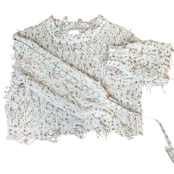 POL Distressed Popcorn Knit Fringe Sweater OSFM Cream Beige Boho Lagenlook Cozy - Picture 5 of 8